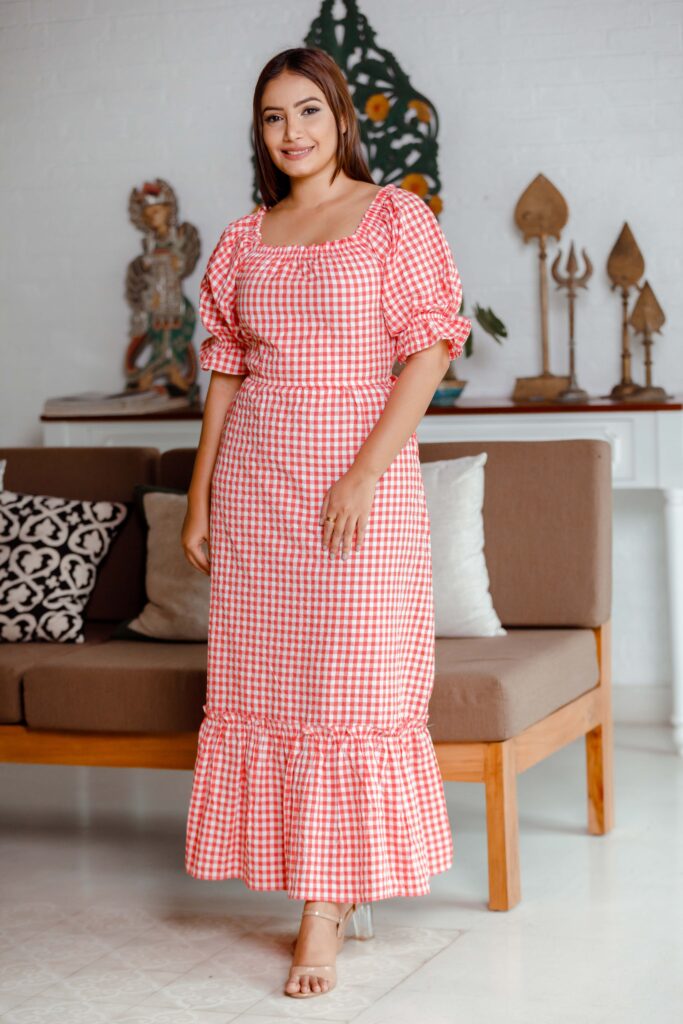 Red check printed ruffle neck, puffed sleeved dress OK92293