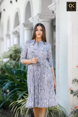 Pleated dress with draw string waist tie OK12387