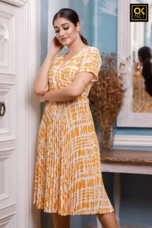 Yellow Pleated Criss Cross Dress OK32371