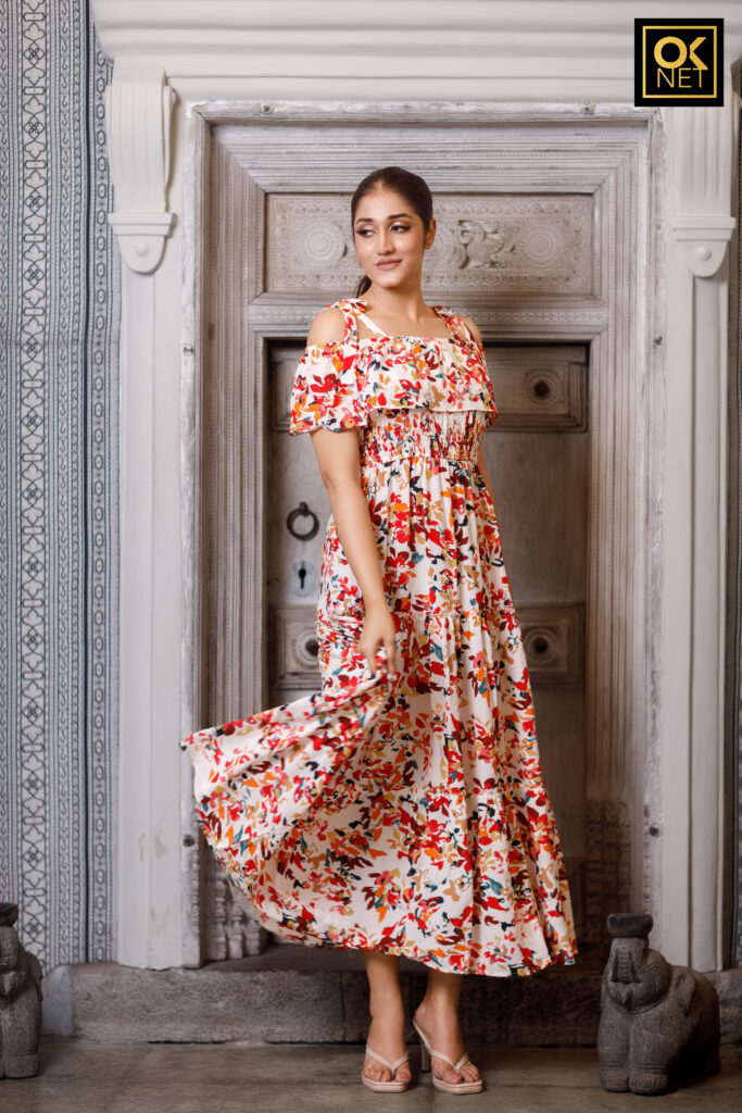 Off shoulder smocked dress OK32385