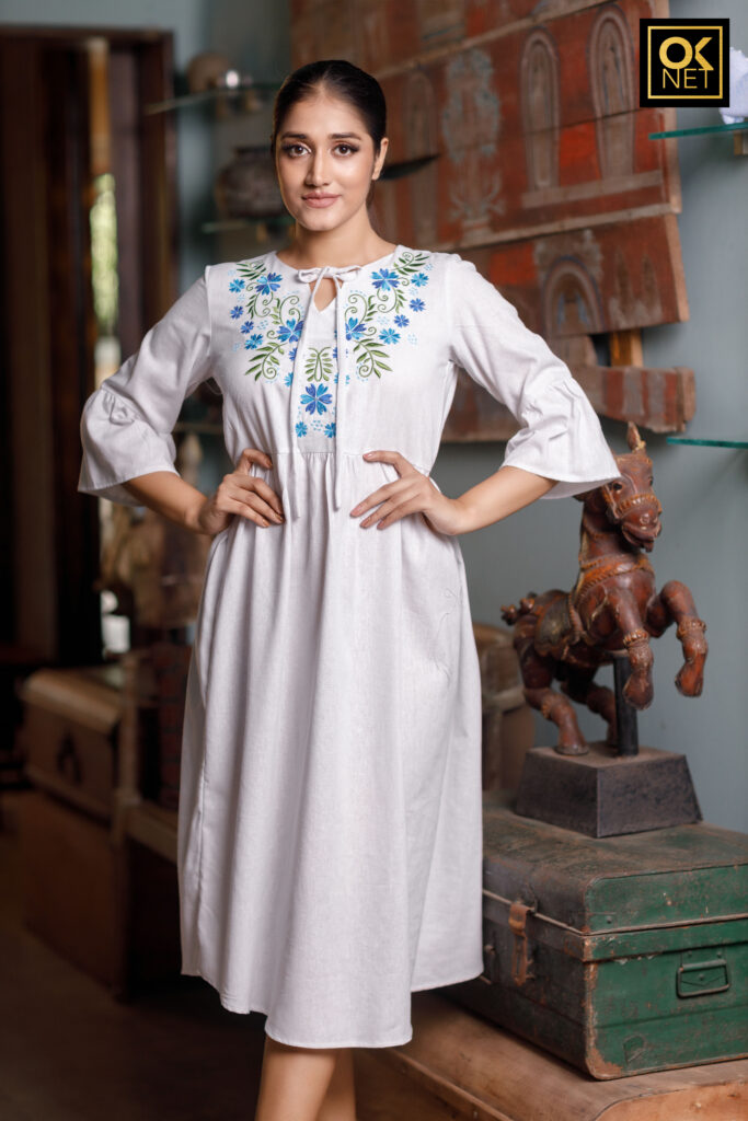 Embroidered white linen Dress OK32377