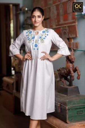 Embroidered white  linen Dress OK32377