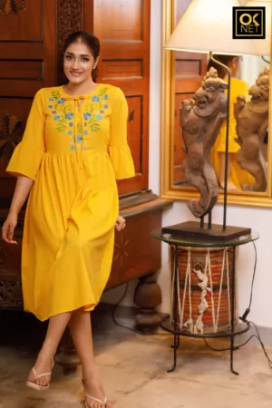 Embroidered Yellow linen Dress OK32379