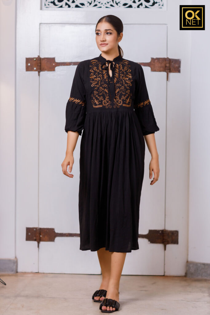 Bishop Sleeve Black Embroidered Dress OK32380