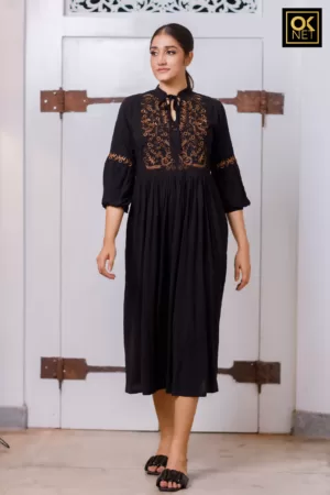 Bishop Sleeve Black Embroidered  Dress OK32380
