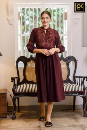 Bishop sleeve Coffee brown embroidered dress OK32381