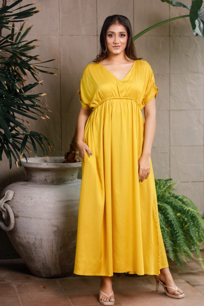 OK102371 Long Yellow Dress with Gathered Waist