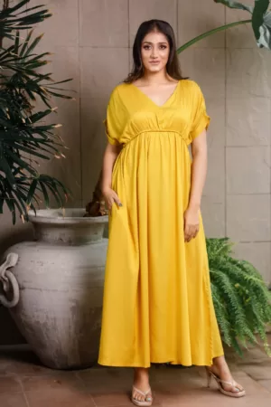 OK102371 Long Yellow Dress with Gathered Waist