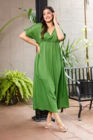 OK102372 Flared Green Dress with Sleeves