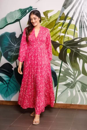 OK102375 V-Neck Pink Floral Dress